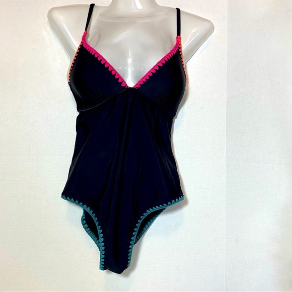 Decree Juniors Black One-piece Swimsuit with Pink and Blue Trim Sz-M - Picture 2 of 6